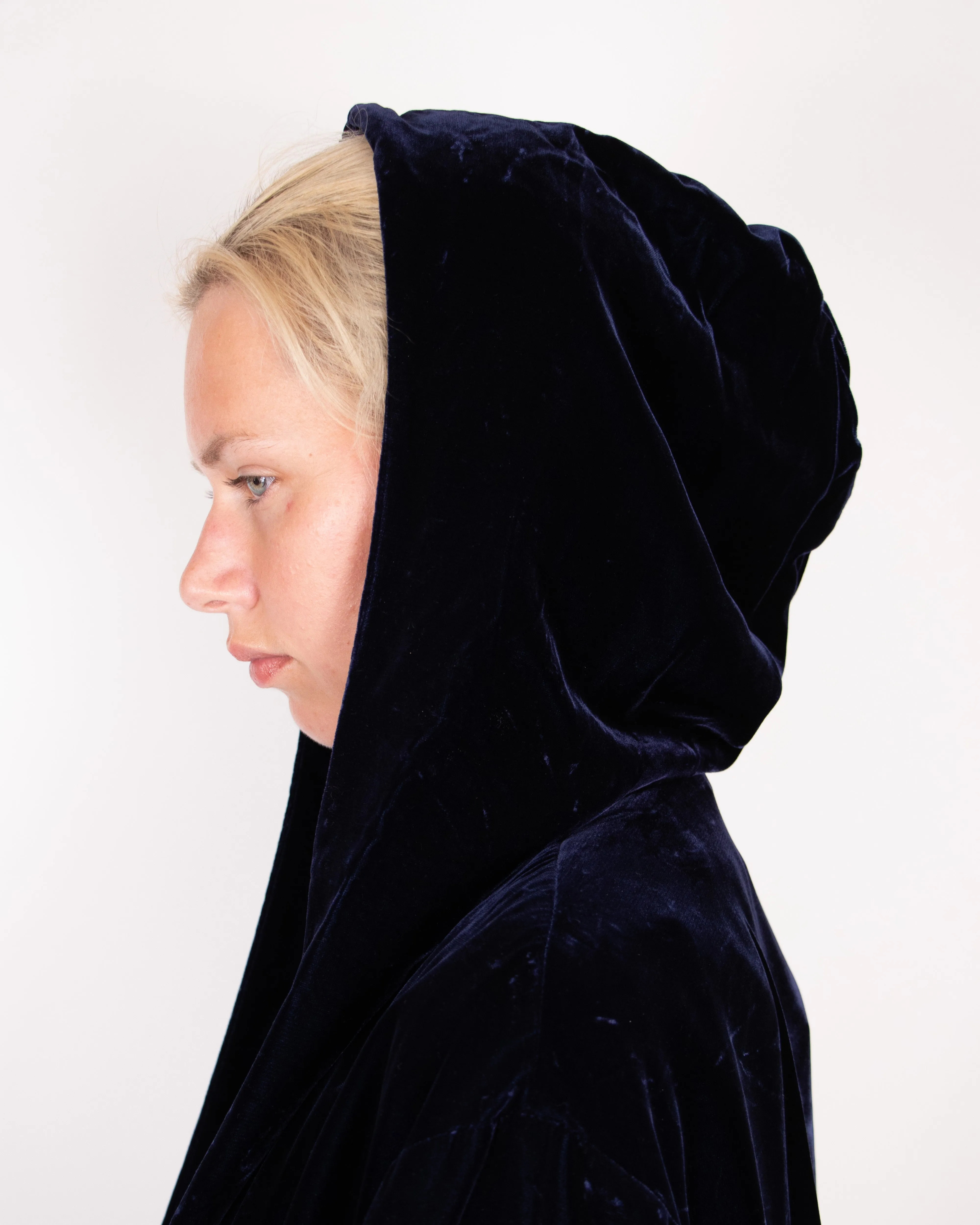 1970s Dark Blue Hooded Velvet Coat L