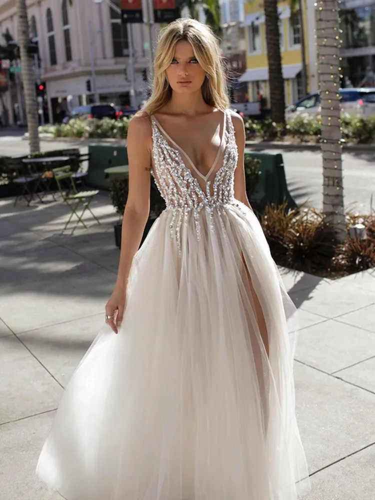 A Line V Neck Backless Beaded Ivory Prom Wedding with High Slit, Backless Ivory Formal, Evening