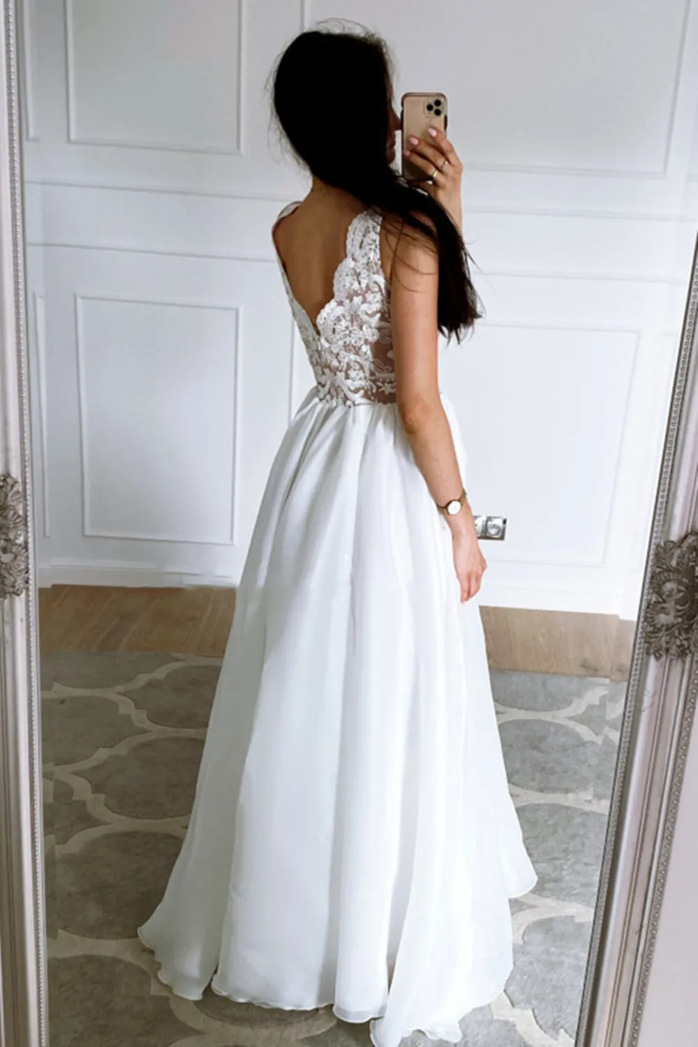 A Line V Neck Open Back White Lace Long Prom Dress, White Lace Formal Graduation Evening Dress A1323