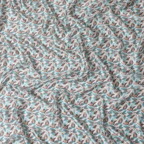 Aqua Leaf Print Silk Satin Fabric - Nature-Inspired Design, 110cm Width, Crafted in India-D17711