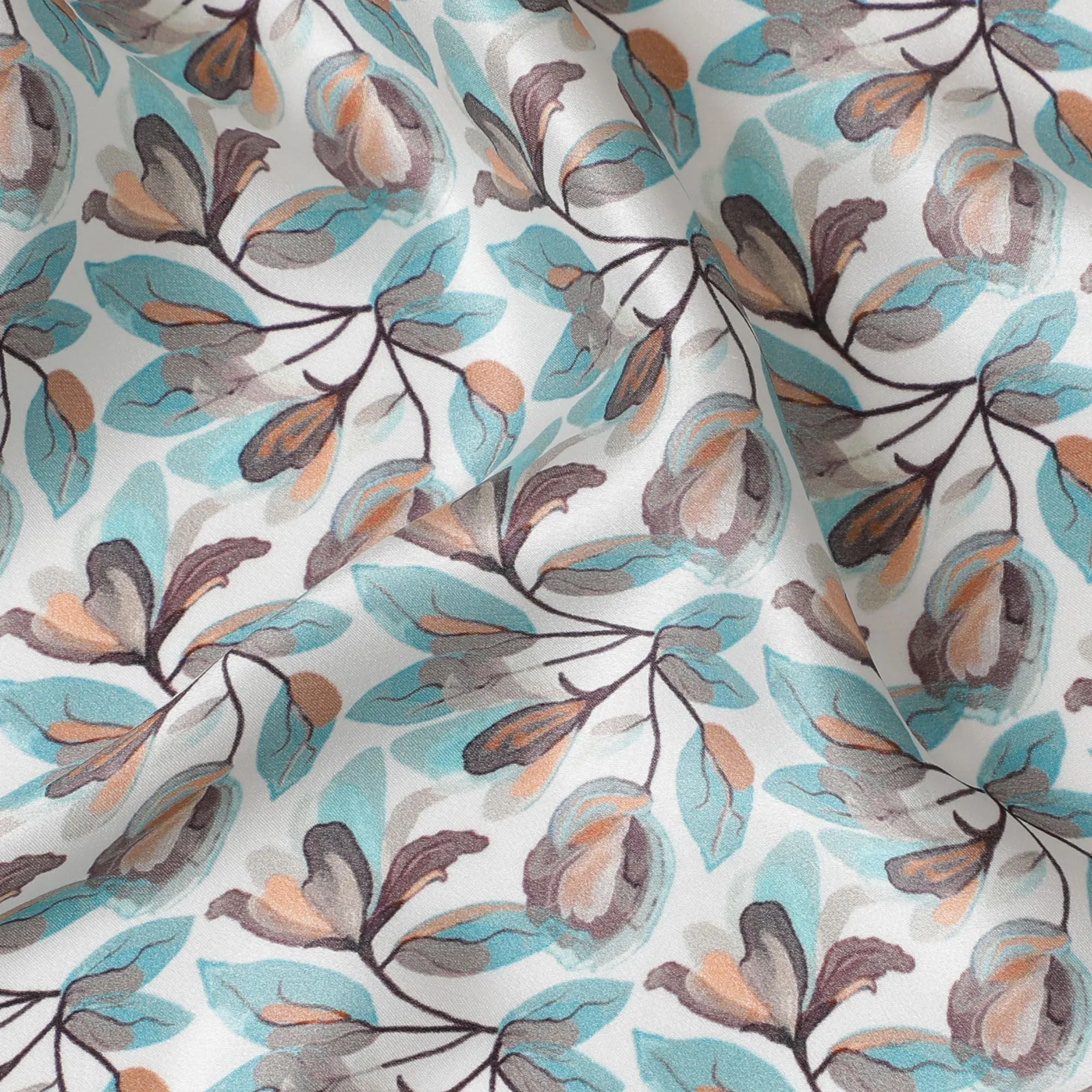 Aqua Leaf Print Silk Satin Fabric - Nature-Inspired Design, 110cm Width, Crafted in India-D17711