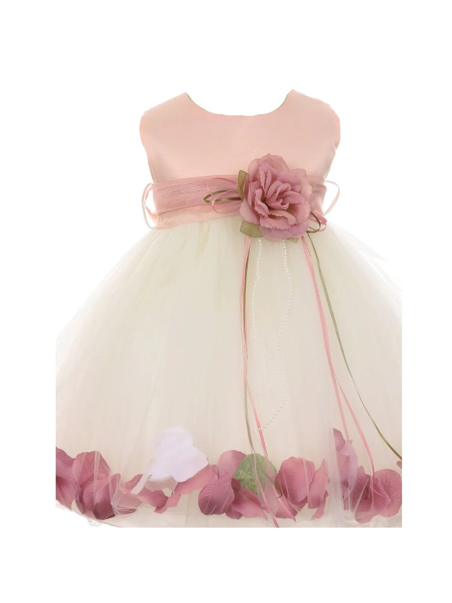 Baby Girl Off - White Rose Top Satin Floating Petals Flower Girl Dress 6-24M