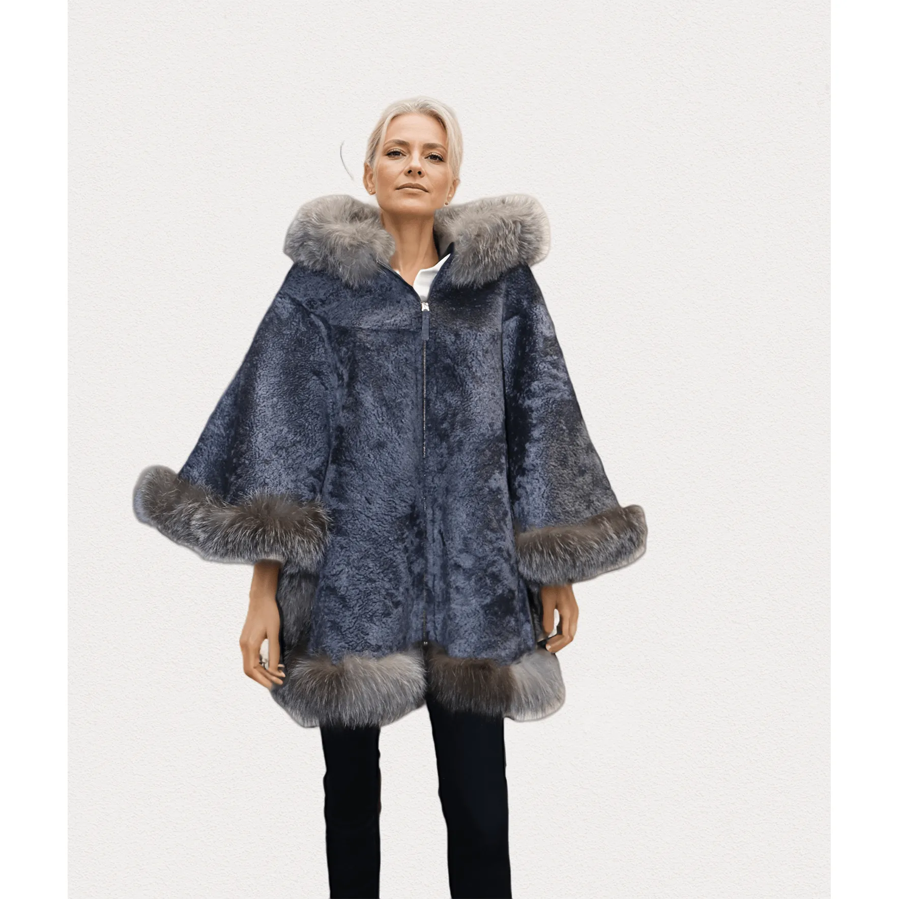 Barya New York Women's Poncho Overcoat with Fox Fur Hood