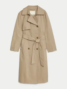 Beige belted long-line trench coat