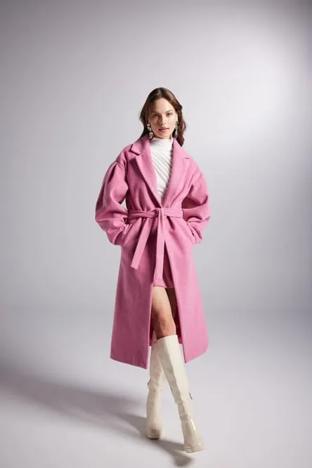 Belted Single Buttoned Maxi Pink Cashmere Mira Trench Coat