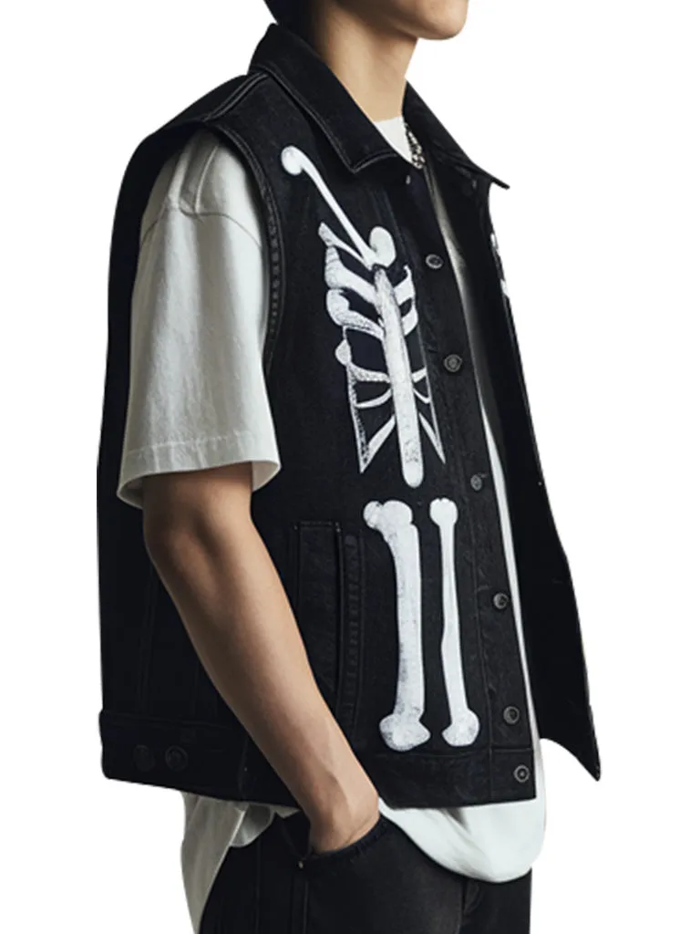 Black Denim Vest With Skeleton Design