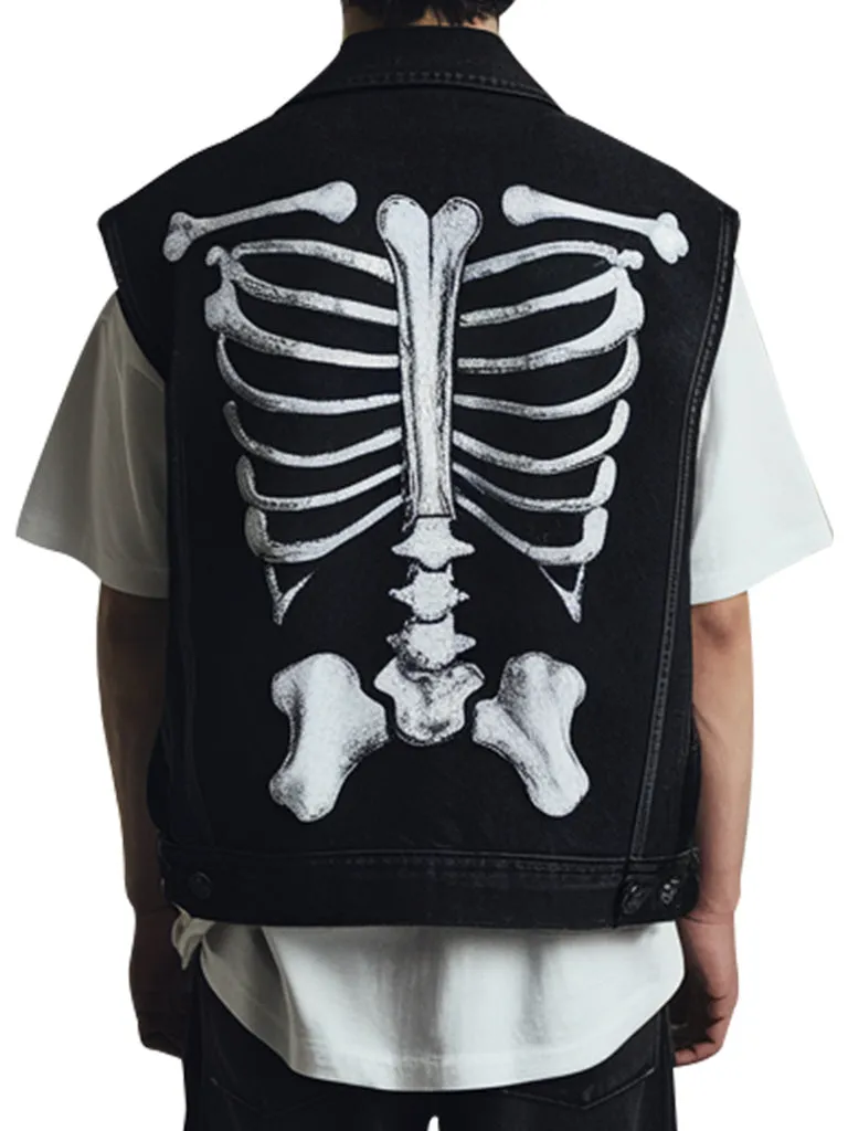 Black Denim Vest With Skeleton Design