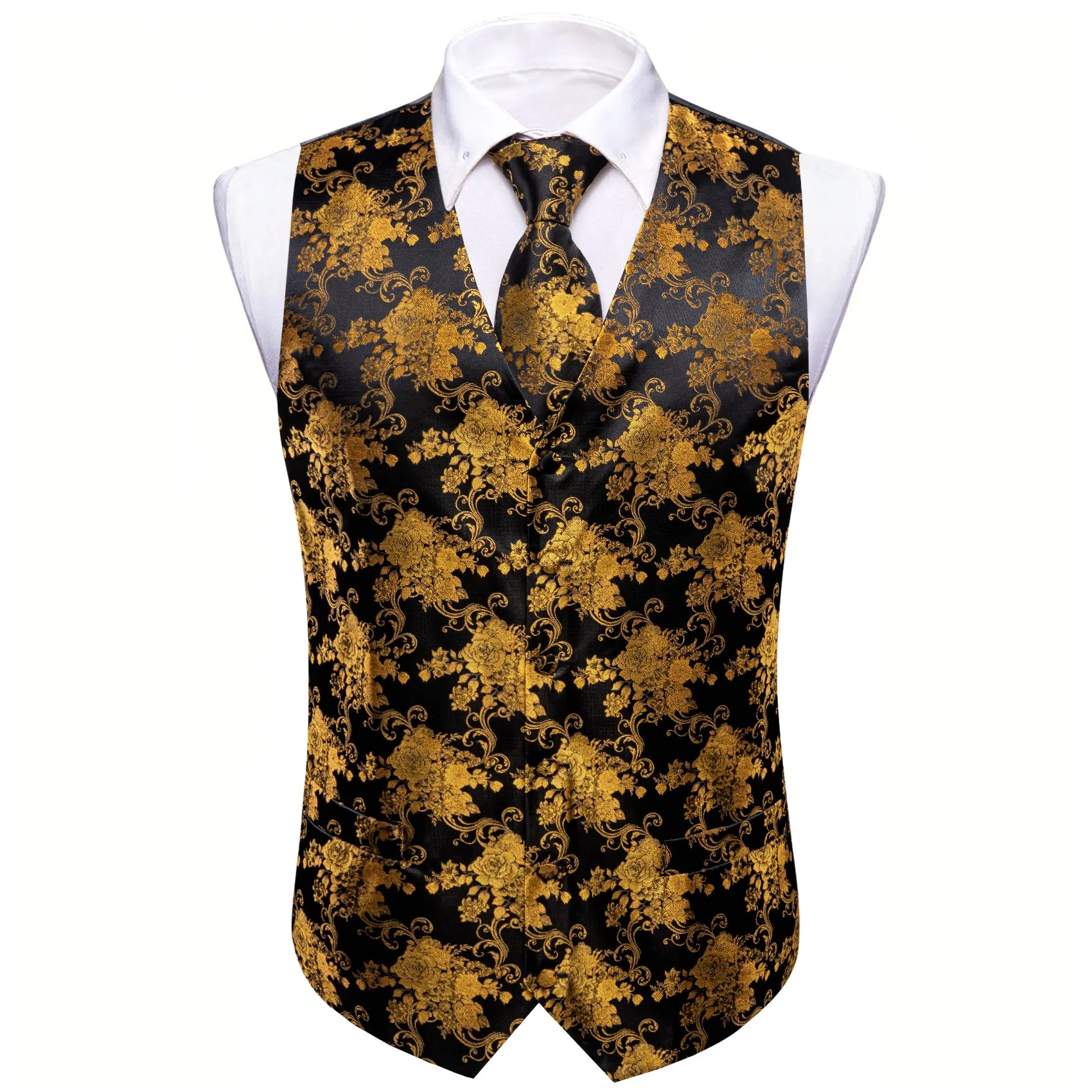 Black Golden Peony Floral Jacquard Silk Men's Vest Hanky Cufflinks Tie Set