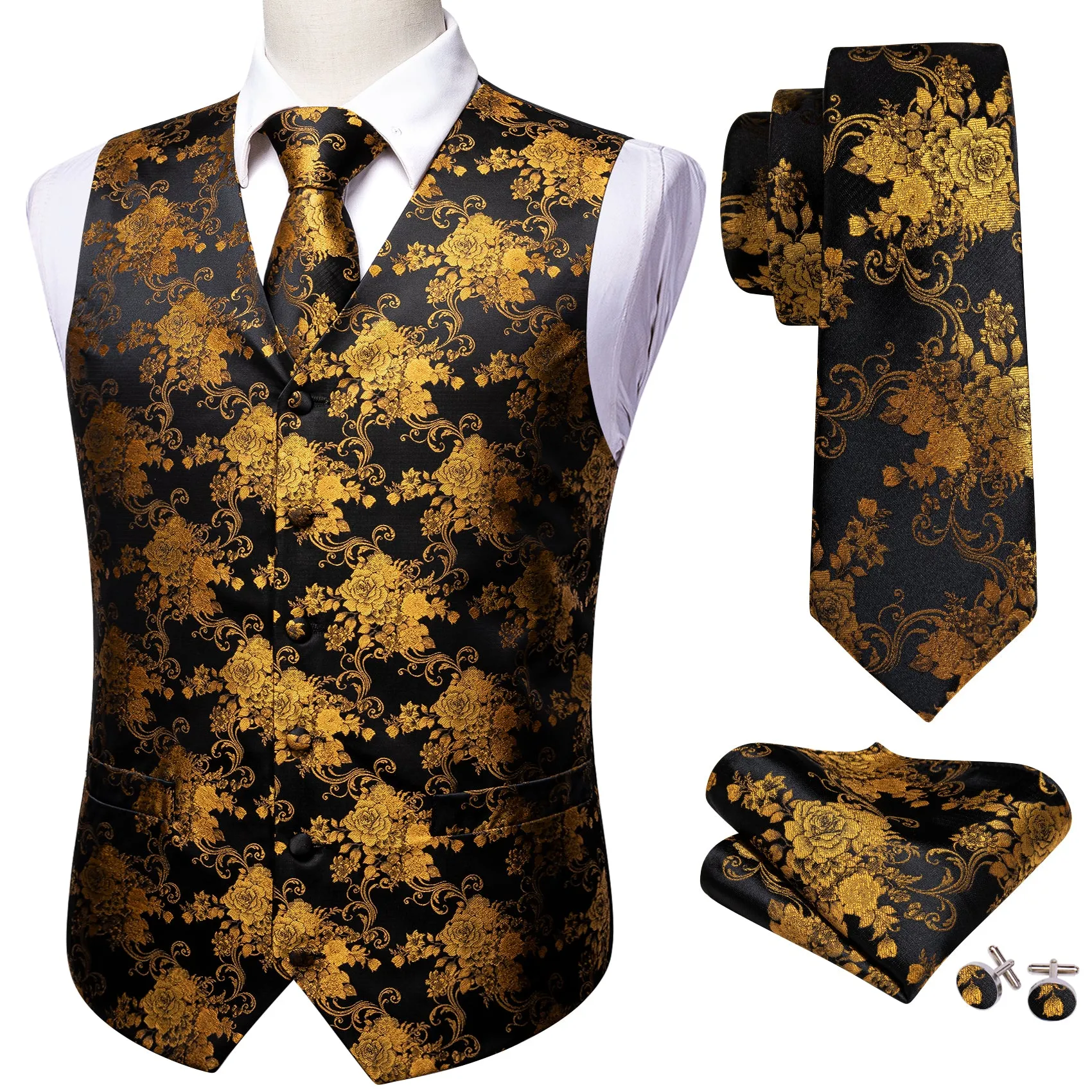 Black Golden Peony Floral Jacquard Silk Men's Vest Hanky Cufflinks Tie Set