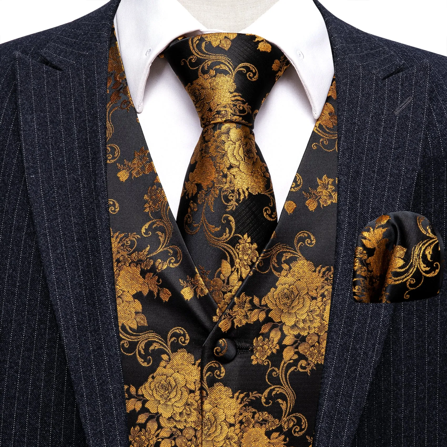 Black Golden Peony Floral Jacquard Silk Men's Vest Hanky Cufflinks Tie Set