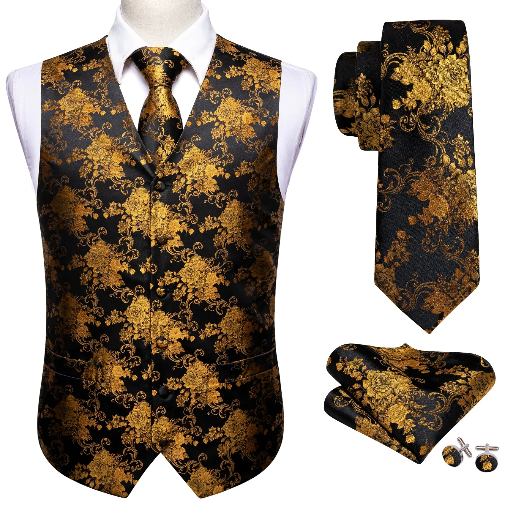 Black Golden Peony Floral Jacquard Silk Men's Vest Hanky Cufflinks Tie Set