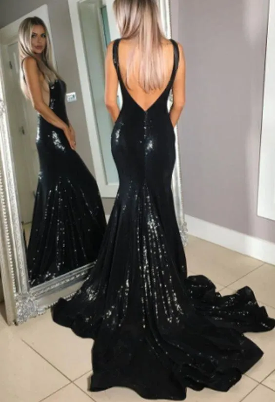 black sequin mermaid backless formal long prom dresses, PD1481