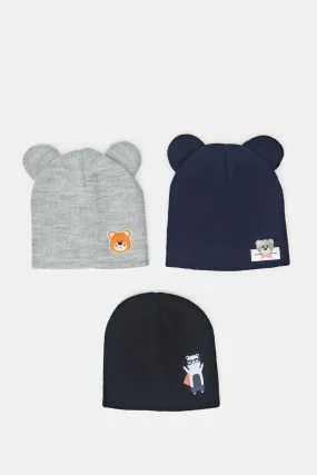 Boys Assorted Knitted with Bear Ears Cap Set (Pack Of 3)