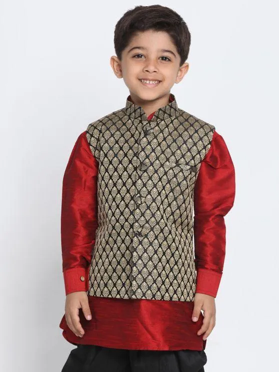 Boys' Black Cotton Silk Blend Nehru Jacket