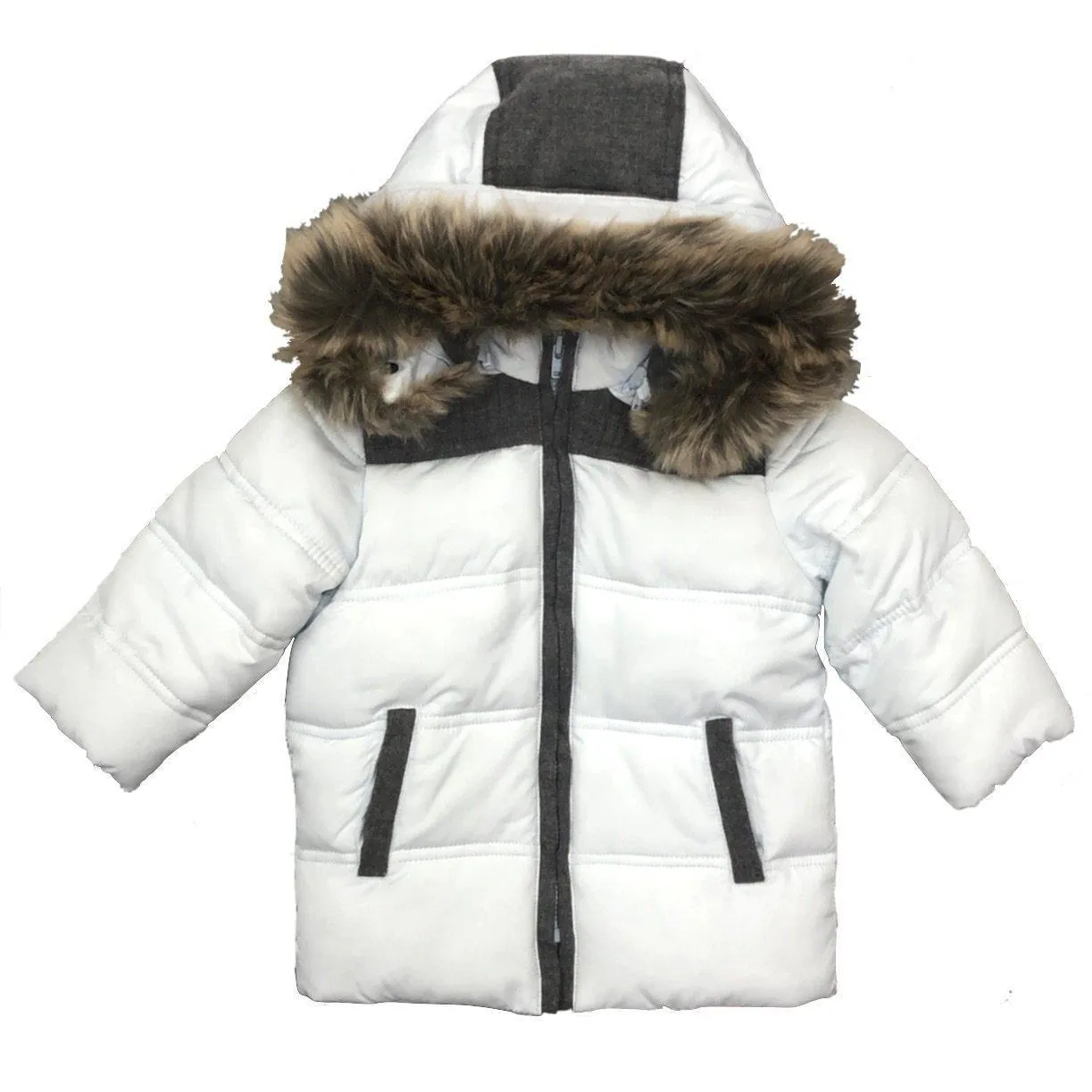 Boys Blue Puffer Coat With Faux Fur Hood