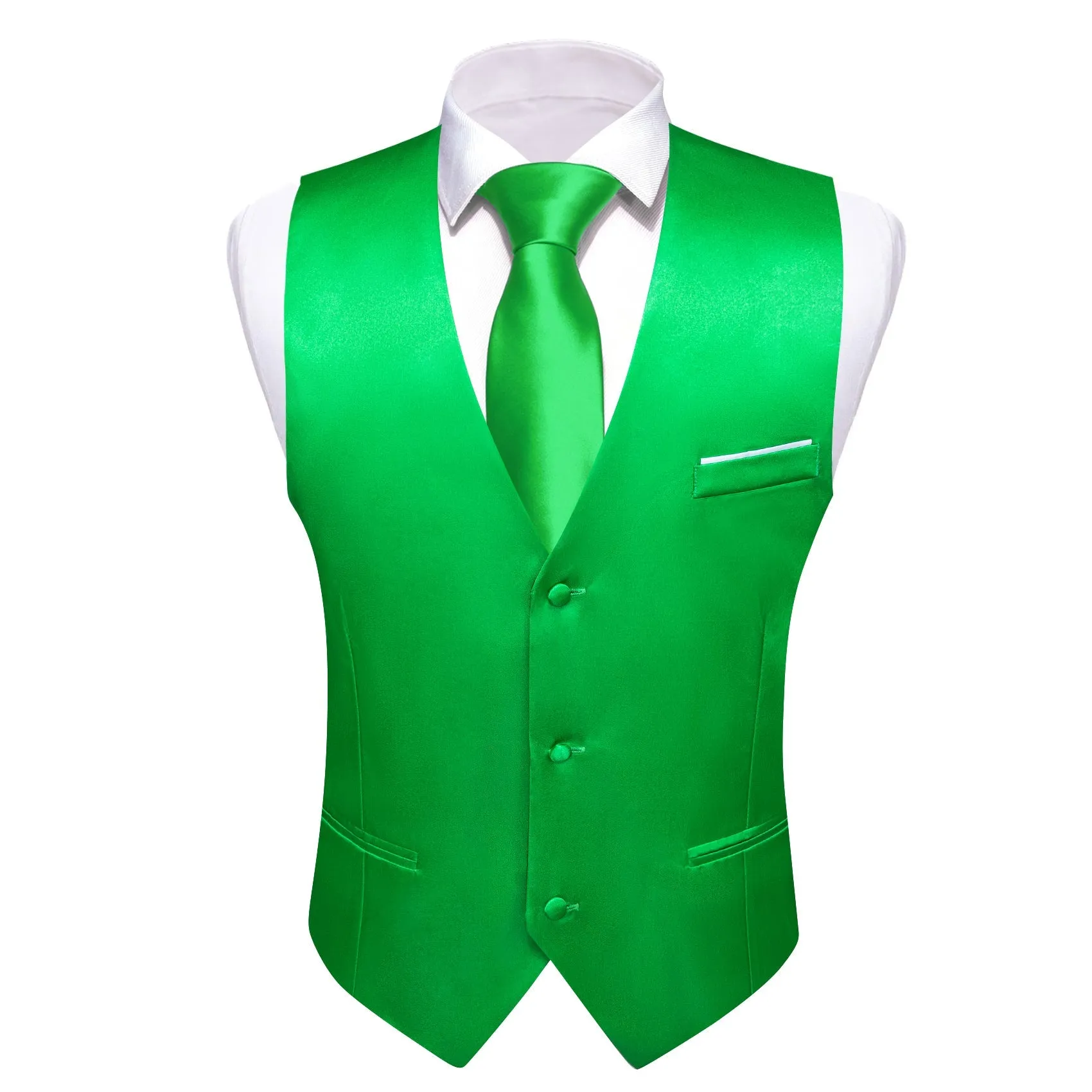 Bright Green Solid Satin Men's V-Neck Business Vest