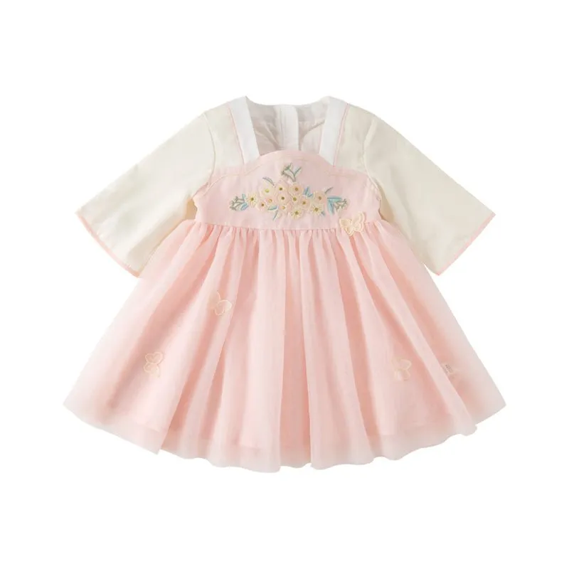 Butterfly Valley Embroidery Girl Mesh Pink Dress