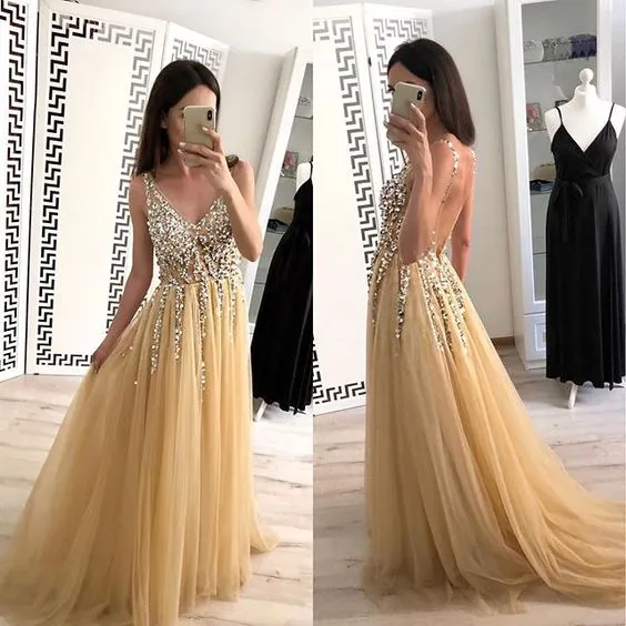 Champagne Gold Prom Dresses, Evening Dress, Pageant Dance Dresses, Graduation School Party Gown, PC0004