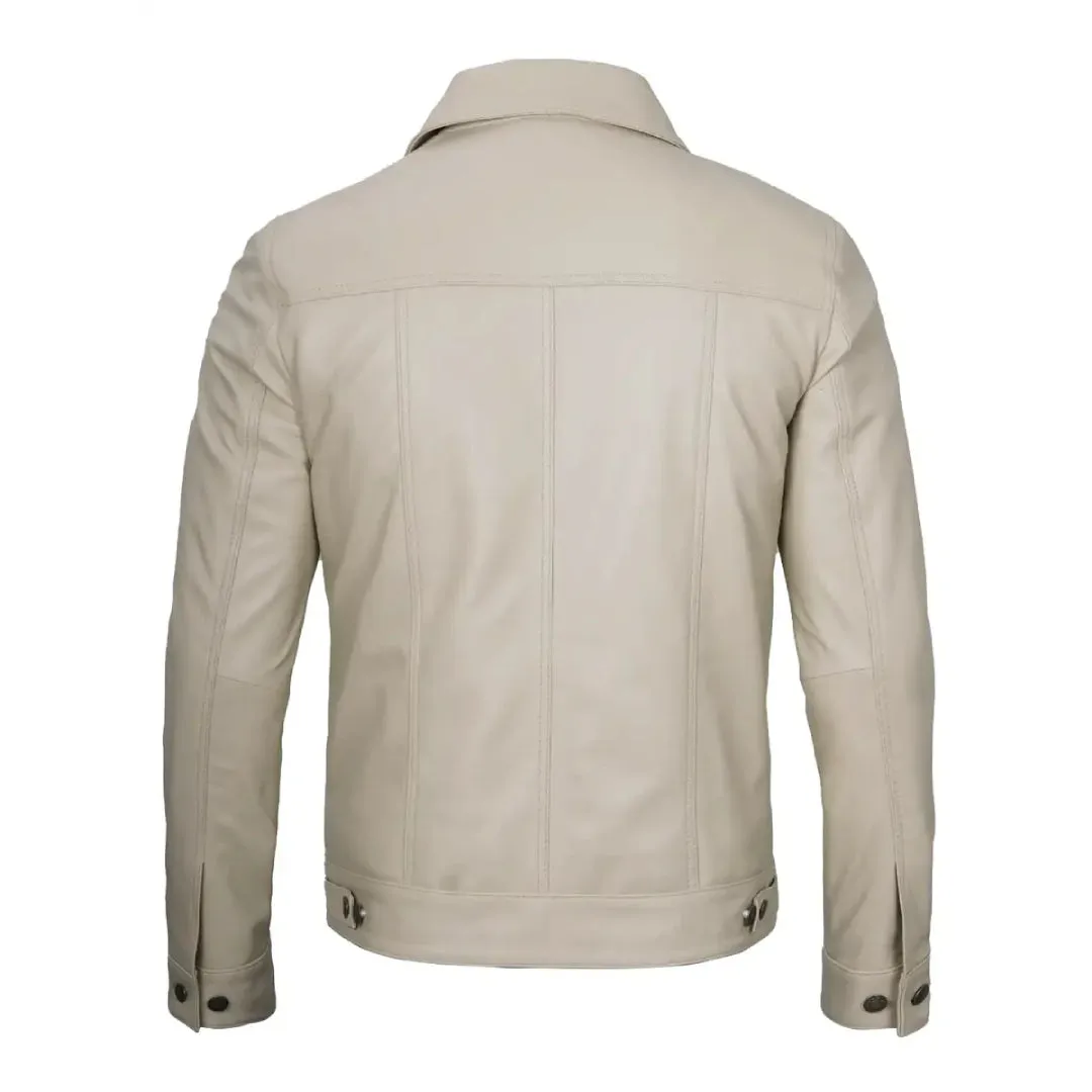 Classic Beige Real Leather Trucker Jacket