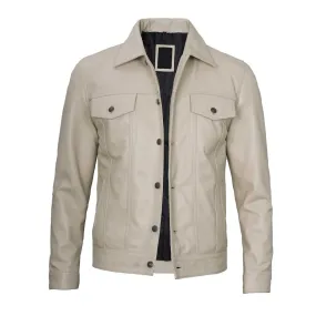 Classic Beige Real Leather Trucker Jacket