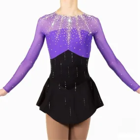 Competition Figure Skating Dress Black Purple & Crystals Long Sleeves