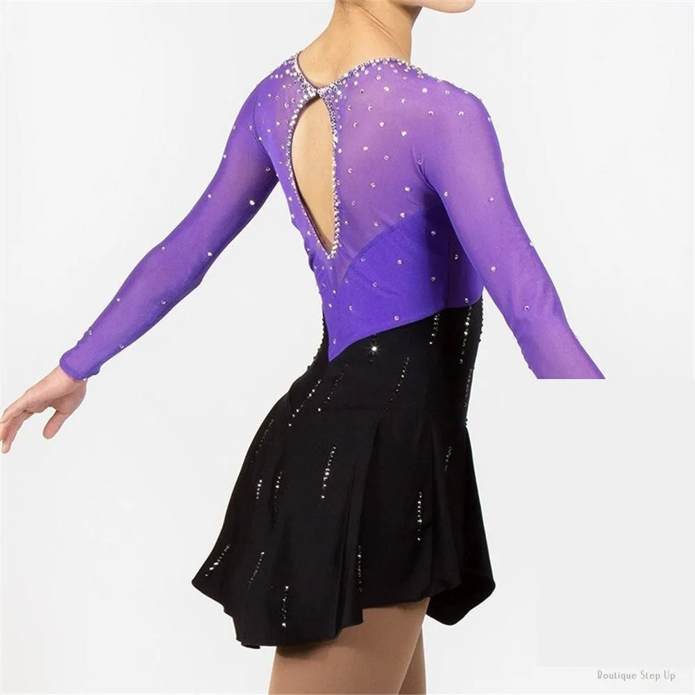 Competition Figure Skating Dress Black Purple & Crystals Long Sleeves