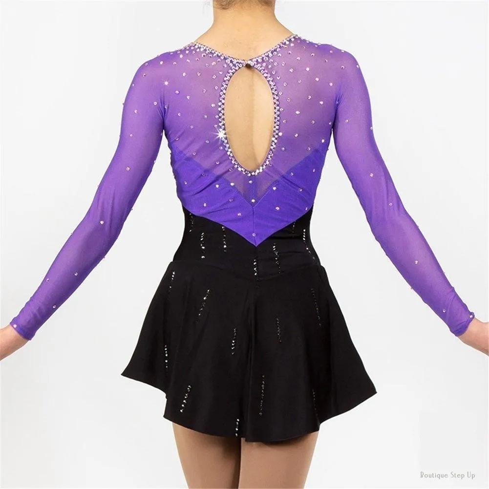 Competition Figure Skating Dress Black Purple & Crystals Long Sleeves