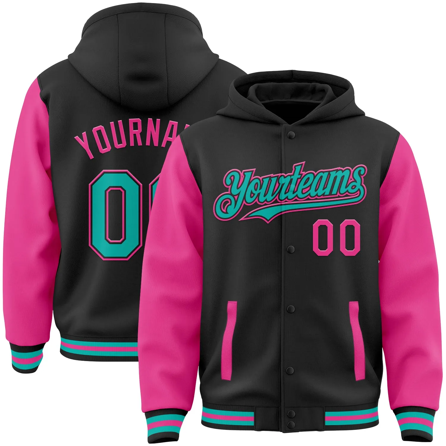 Custom Black Aqua-Pink Bomber Full-Snap Varsity Letterman Two Tone Hoodie Jacket