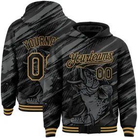 Custom Black Old Gold Largemouth Bass Fish Fishing 3D Bomber Full-Snap Varsity Letterman Hoodie Jacket