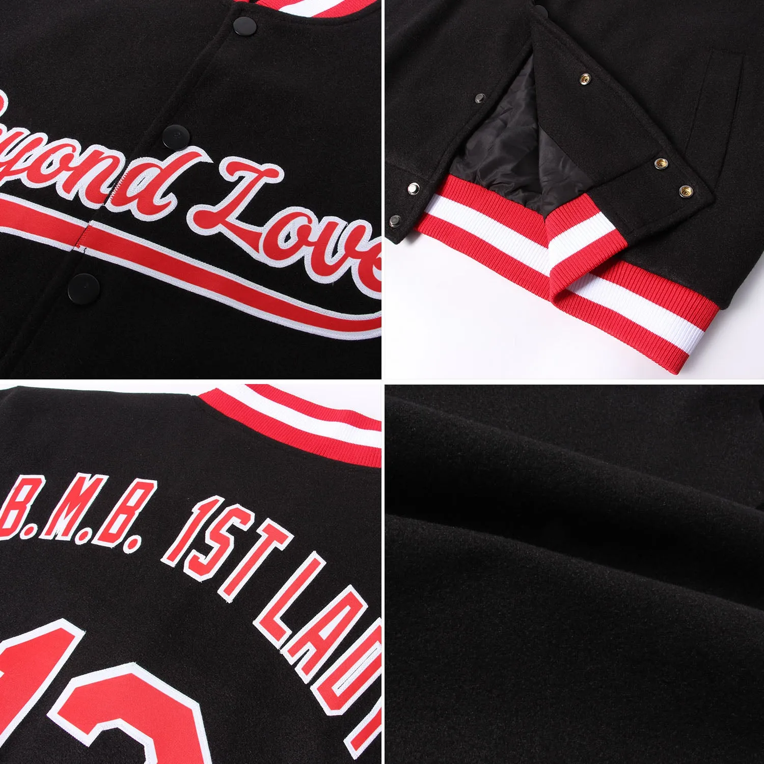 Custom Black Red-White Bomber Full-Snap Varsity Letterman Jacket