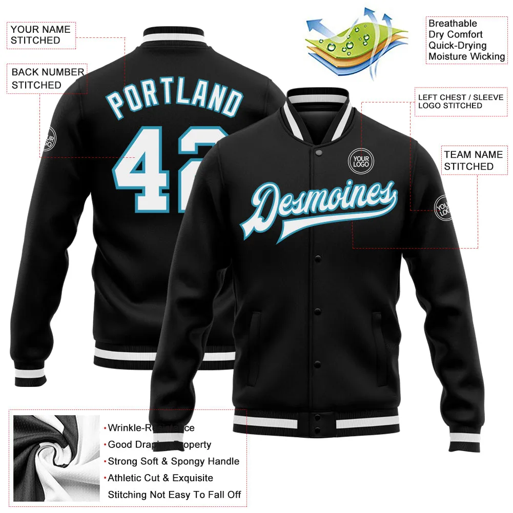 Custom Black White-Panther Blue Bomber Full-Snap Varsity Letterman Jacket