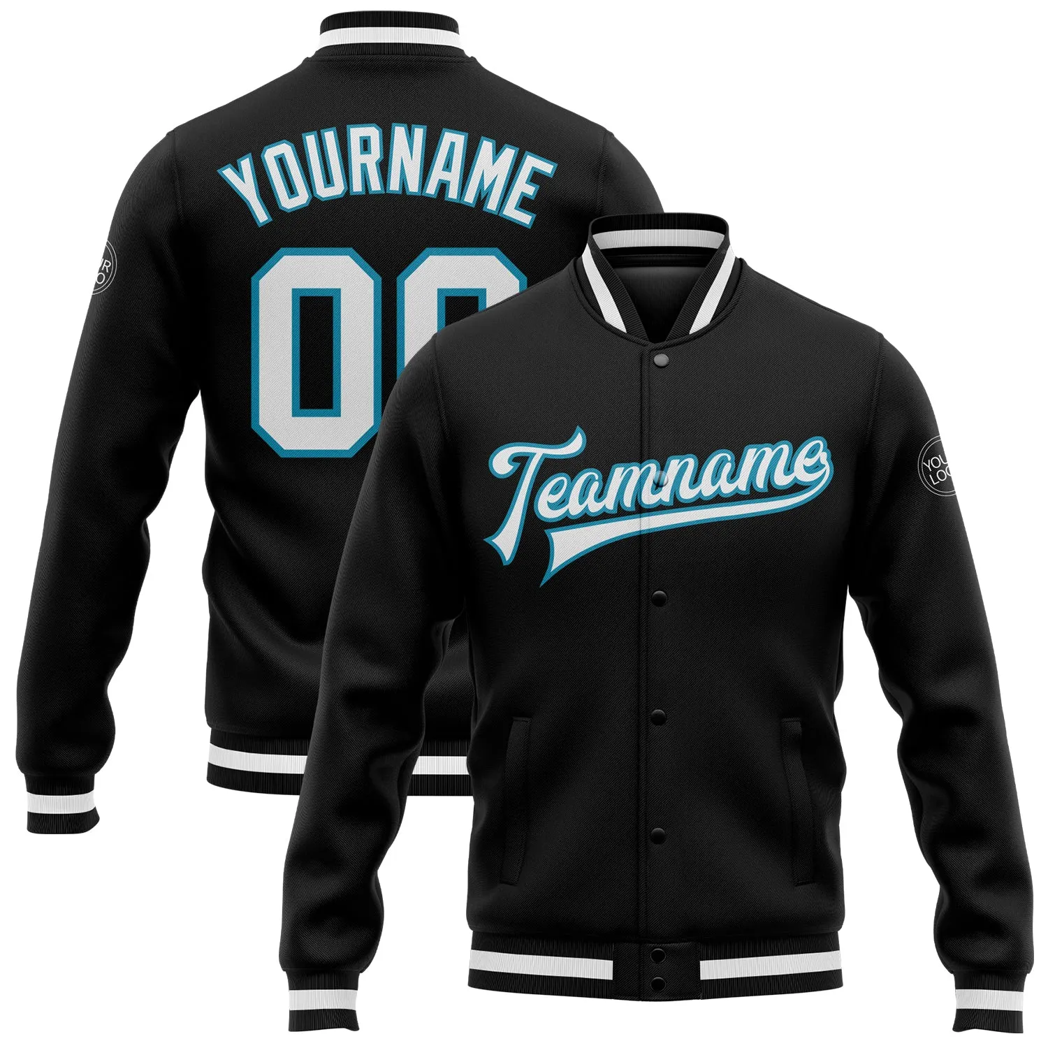 Custom Black White-Panther Blue Bomber Full-Snap Varsity Letterman Jacket