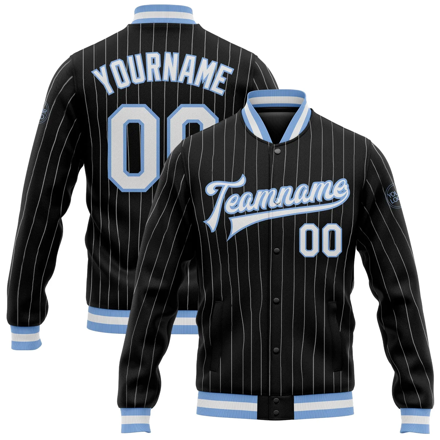 Custom Black White Pinstripe Light Blue Bomber Full-Snap Varsity Letterman Jacket