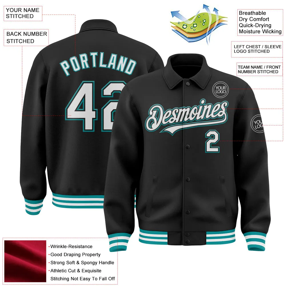 Custom Black White-Teal Bomber Full-Snap Varsity Letterman Lapel Collar Byron Jacket