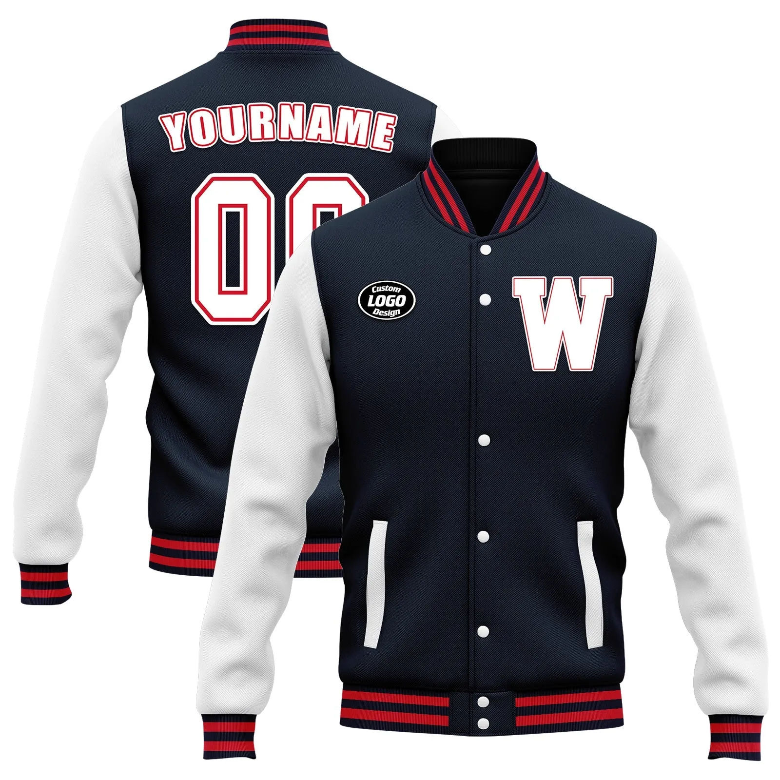 Custom Blue White Jacket Bomber Full-Snap Varsity Letterman Personalized Jacket FZ005-D020255-1