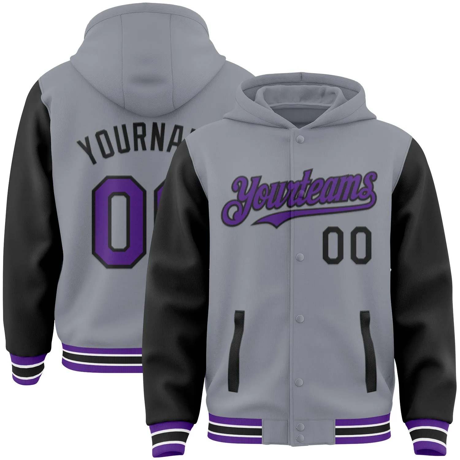 Custom Gray Purple-Black Bomber Full-Snap Varsity Letterman Two Tone Hoodie Jacket