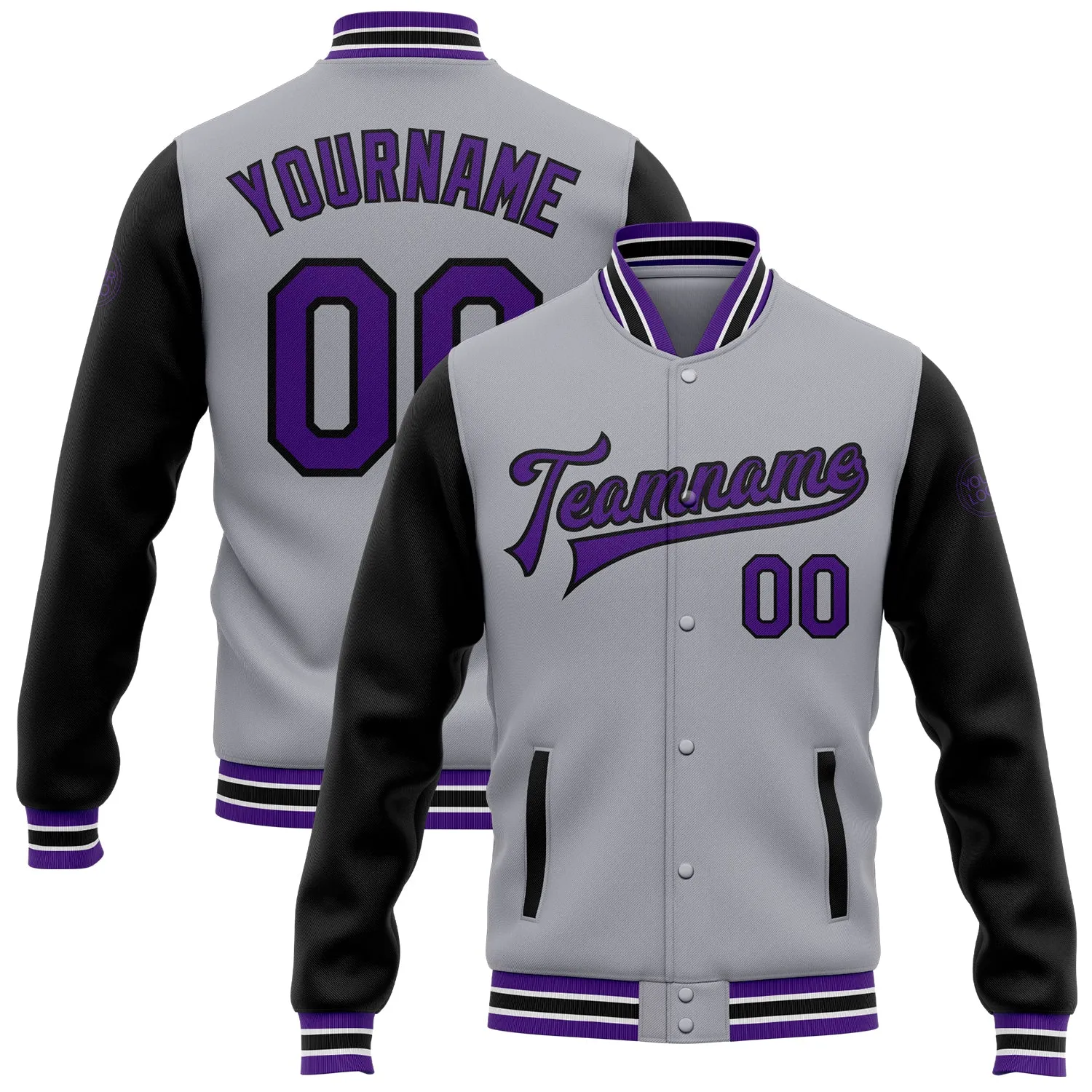 Custom Gray Purple-Black Bomber Full-Snap Varsity Letterman Two Tone Jacket