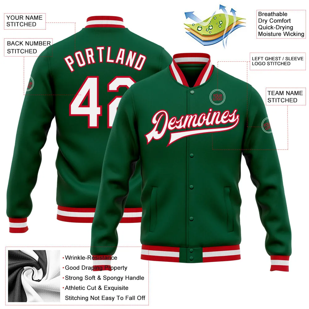 Custom Kelly Green White-Red Bomber Full-Snap Varsity Letterman Jacket