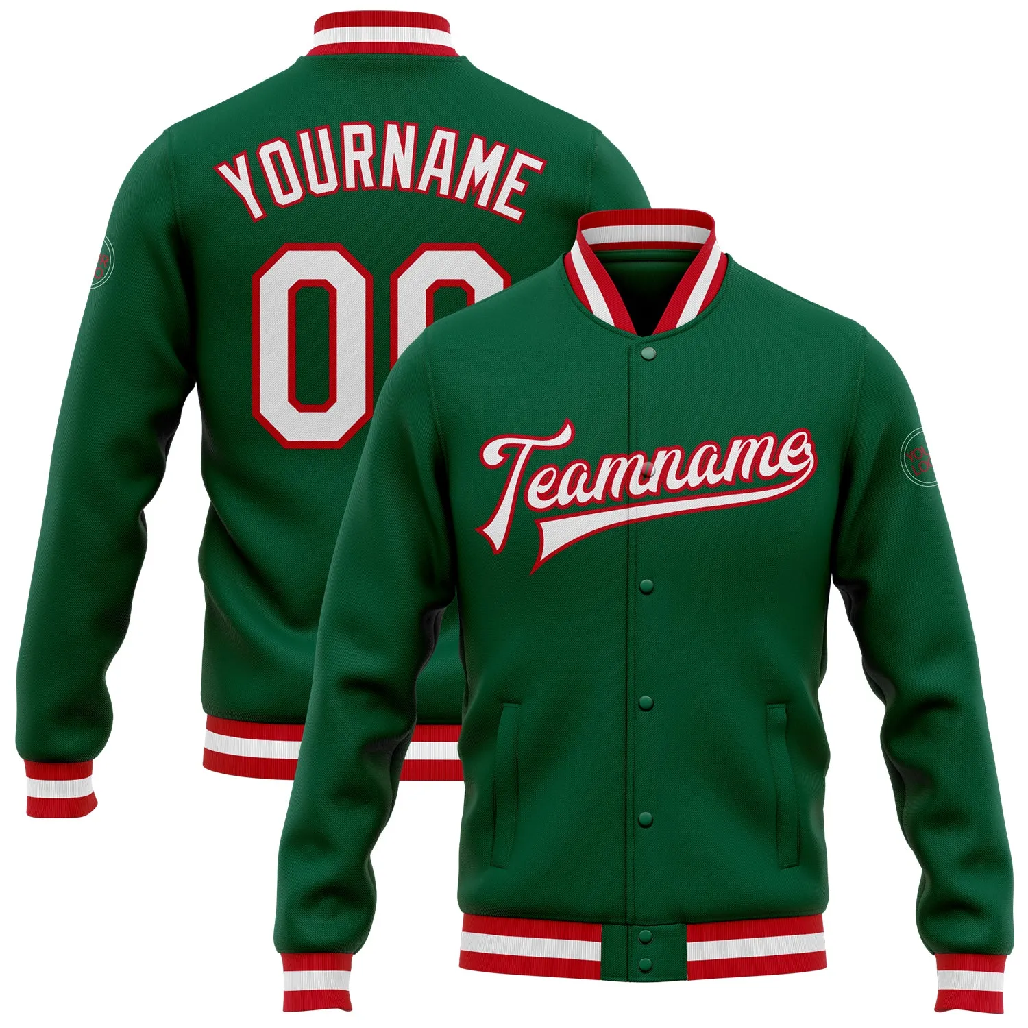 Custom Kelly Green White-Red Bomber Full-Snap Varsity Letterman Jacket