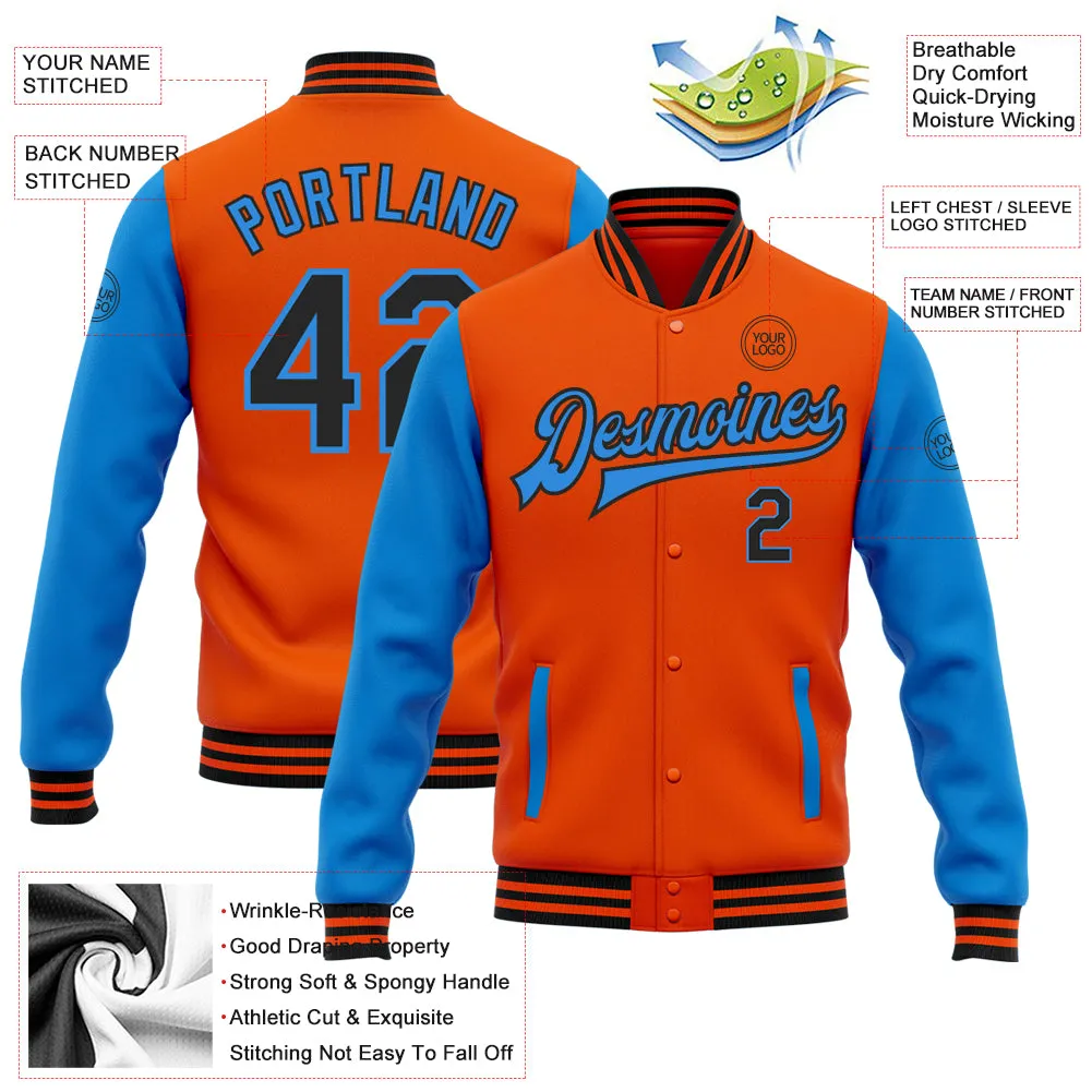 Custom Orange Black-Powder Blue Bomber Full-Snap Varsity Letterman Two Tone Jacket