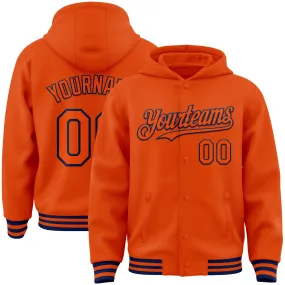 Custom Orange Navy Bomber Full-Snap Varsity Letterman Hoodie Jacket