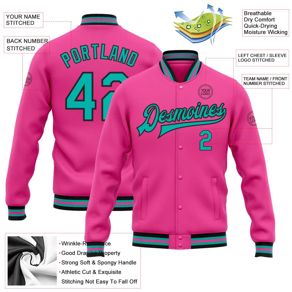 Custom Pink Aqua-Black Bomber Full-Snap Varsity Letterman Jacket