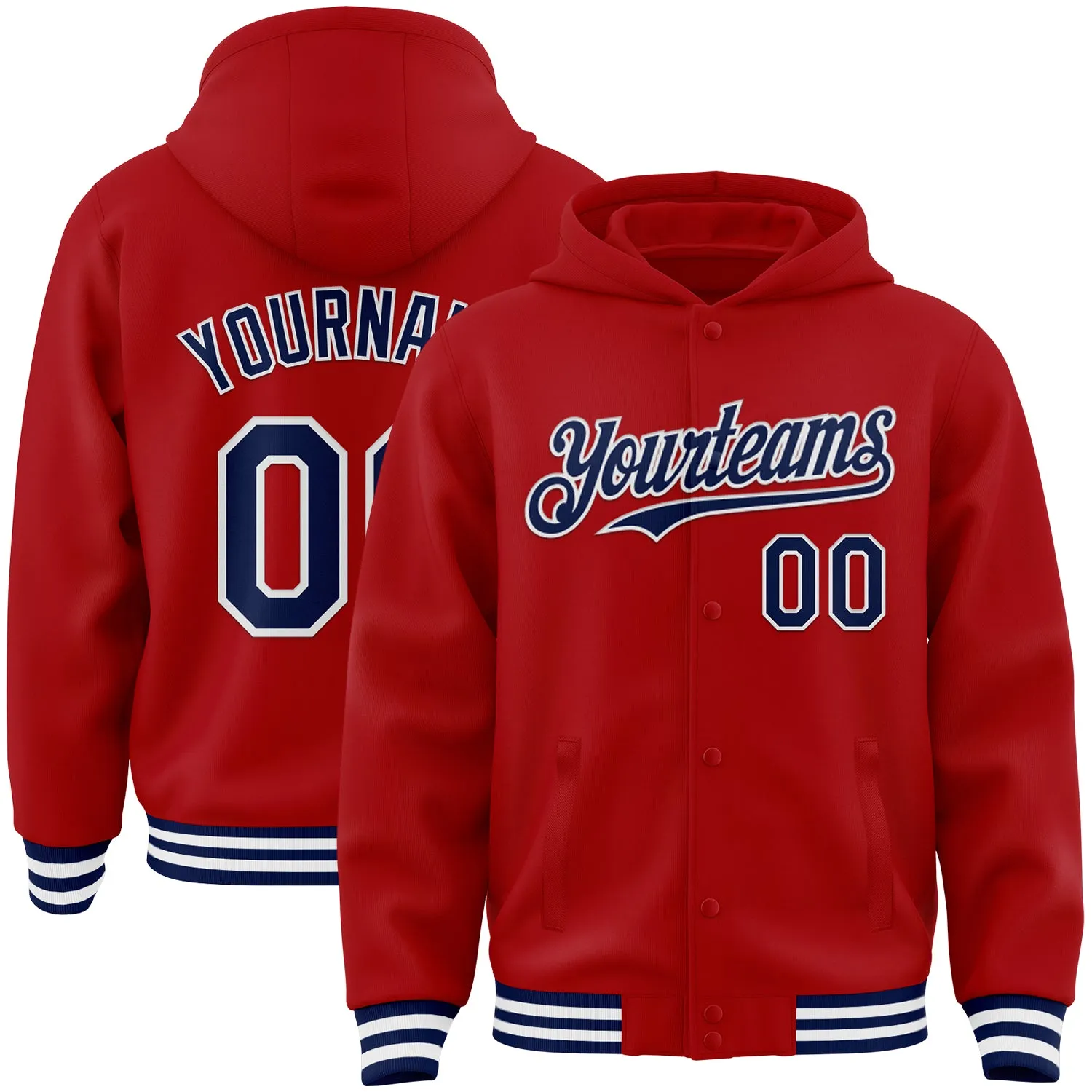 Custom Red Navy-White Bomber Full-Snap Varsity Letterman Hoodie Jacket