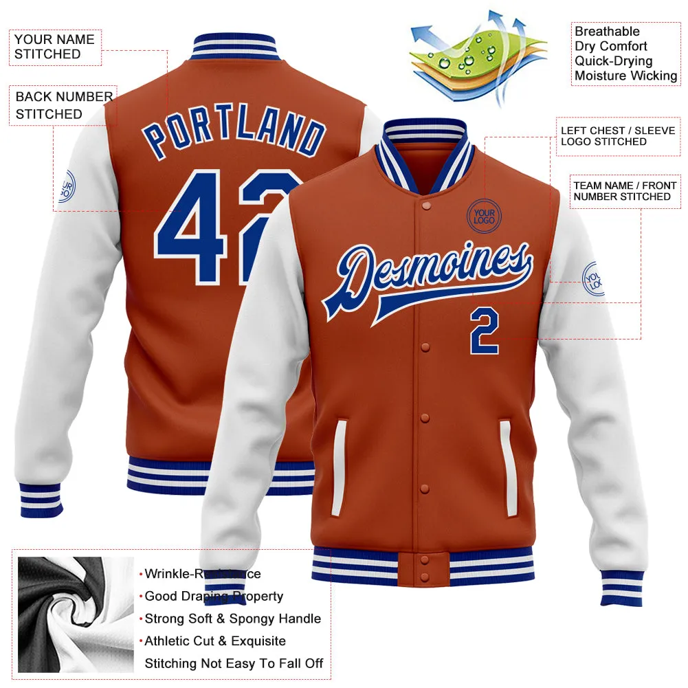 Custom Texas Orange Royal-White Bomber Full-Snap Varsity Letterman Two Tone Jacket