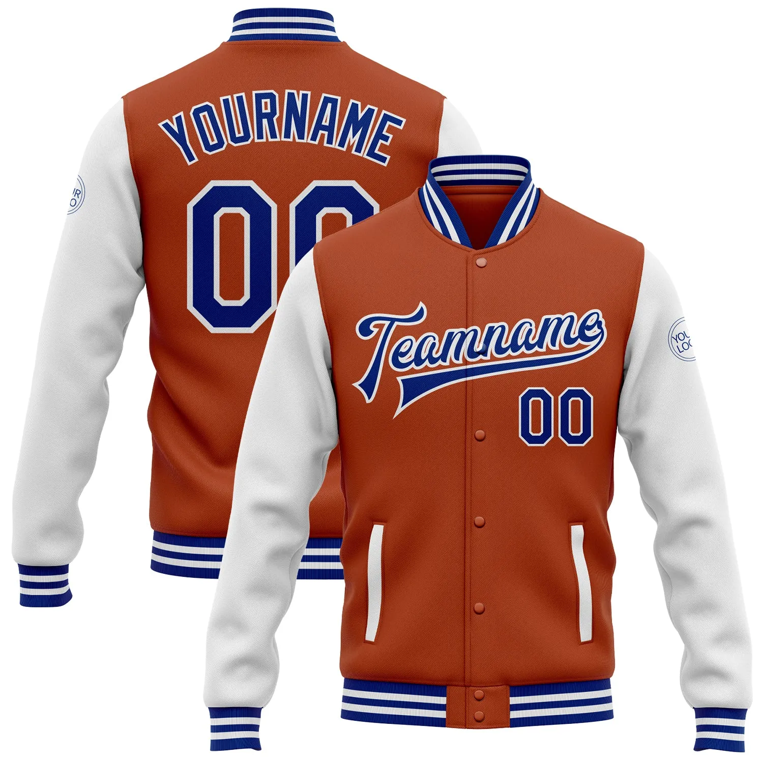 Custom Texas Orange Royal-White Bomber Full-Snap Varsity Letterman Two Tone Jacket