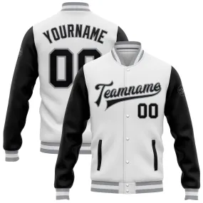 Custom White Black-Gray Bomber Full-Snap Varsity Letterman Two Tone Jacket