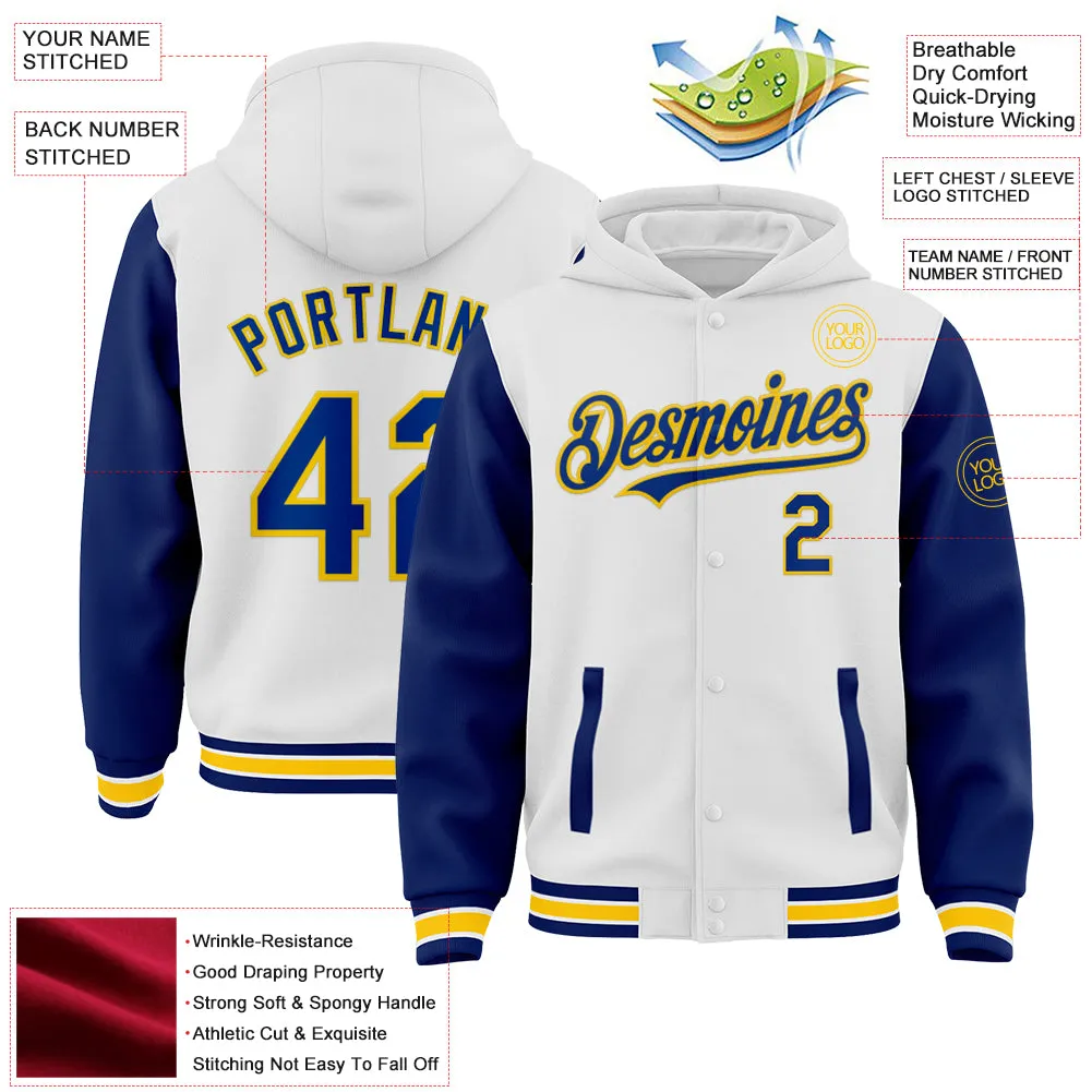 Custom White Royal-Yellow Bomber Full-Snap Varsity Letterman Two Tone Hoodie Jacket