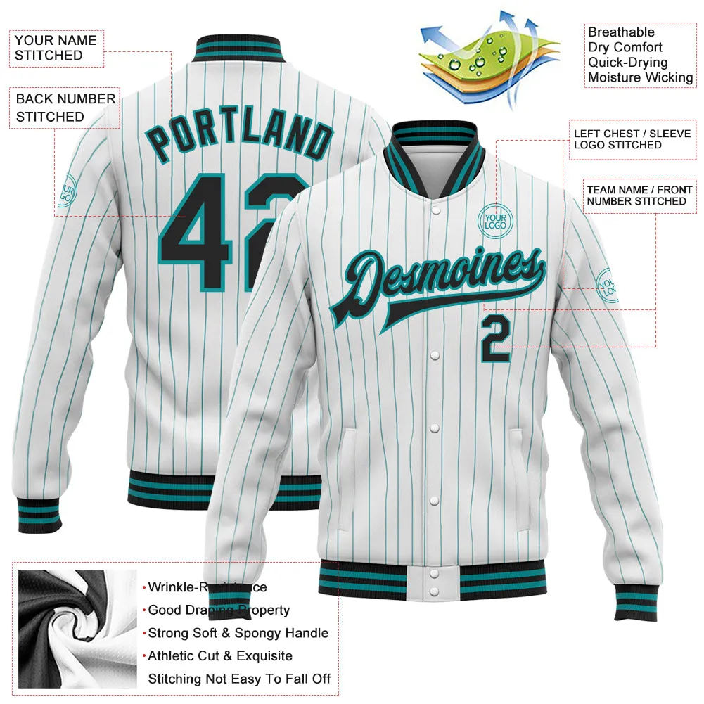 Custom White Teal Pinstripe Black Bomber Full-Snap Varsity Letterman Jacket