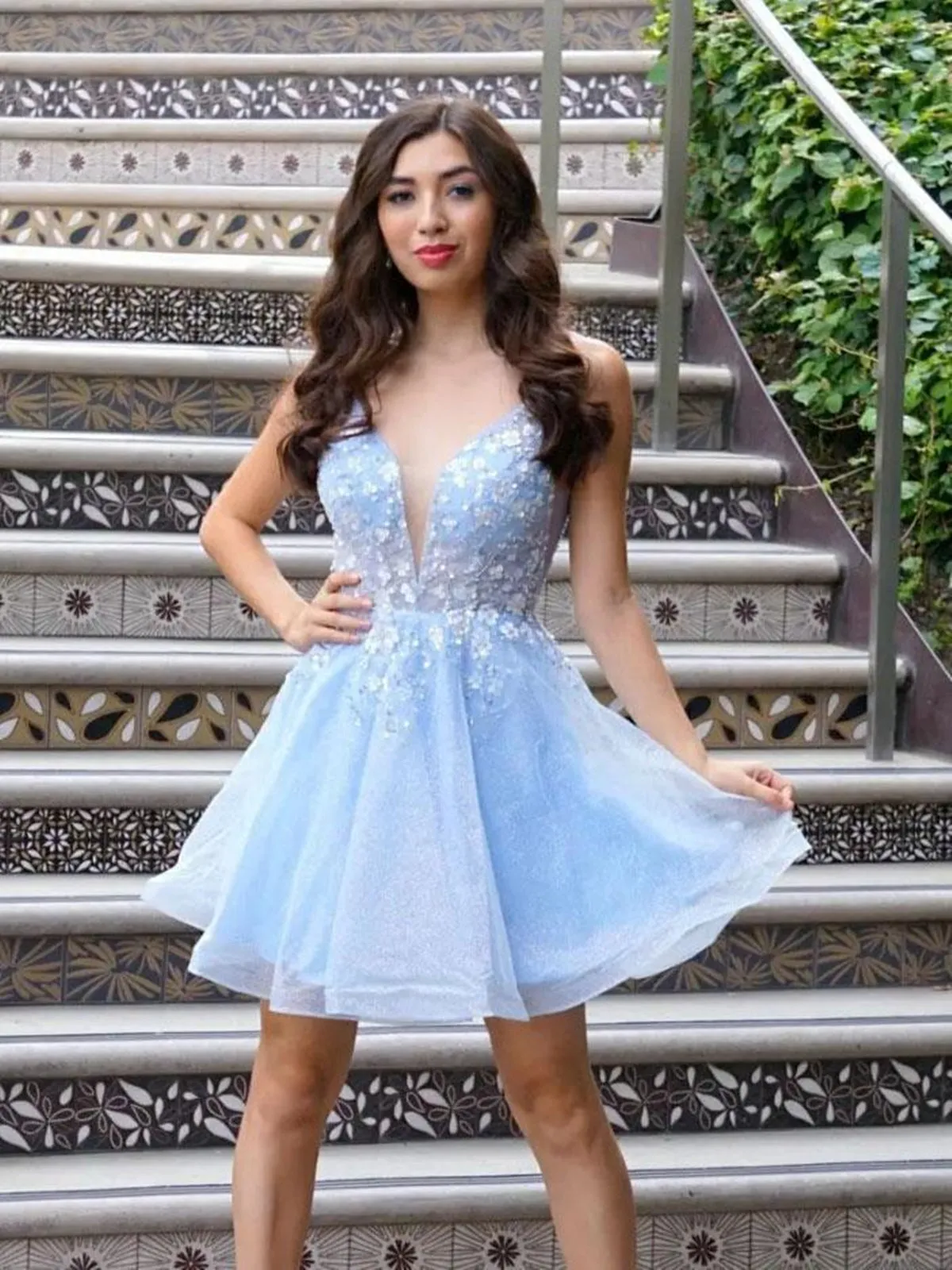 Cute V Neck Light Blue Lace Floral Short Prom Homecoming Dresses, Light Blue Lace Formal Graduation Evening Dresses