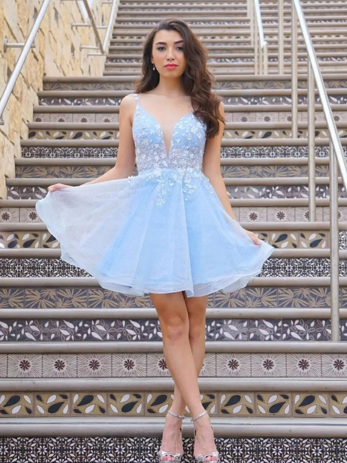 Cute V Neck Light Blue Lace Floral Short Prom Homecoming Dresses, Light Blue Lace Formal Graduation Evening Dresses